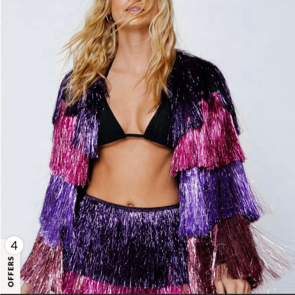 ISO nasty gal tinsel fringe jacket & shorts